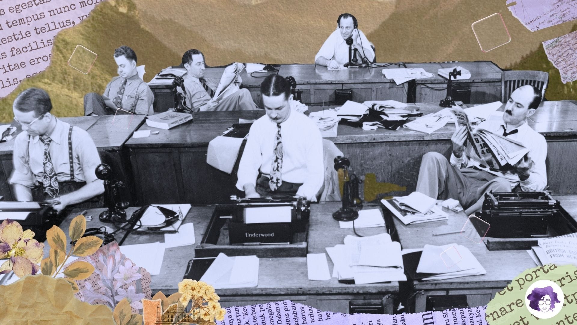 A black and white photo of an old newsroom with six white men working at their desks on typewriters. 
